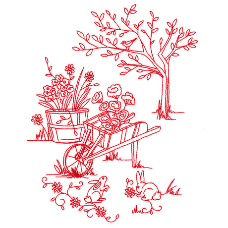 Classic Garden Scene - Wheelbarrow (Redwork)