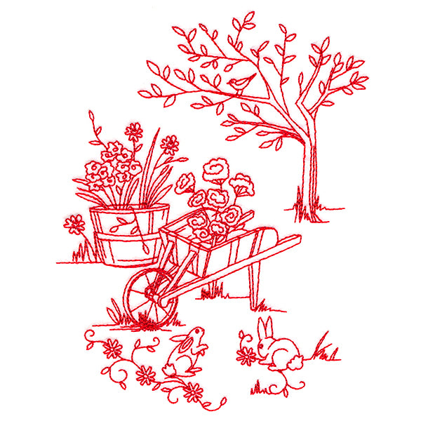 Classic Garden Scene - Wheelbarrow (Redwork)