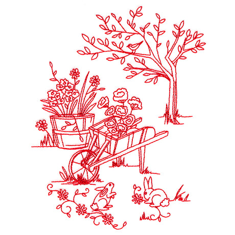 Classic Garden Scene - Wheelbarrow (Redwork)