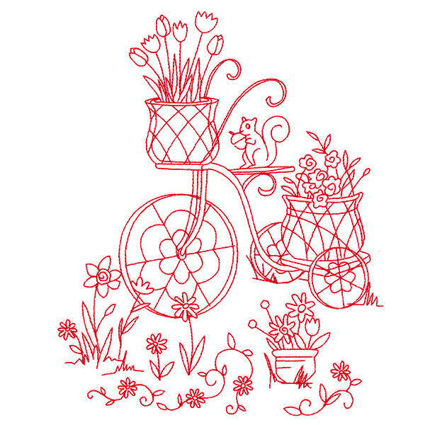 Classic Garden Scene - Bicycle (Redwork)