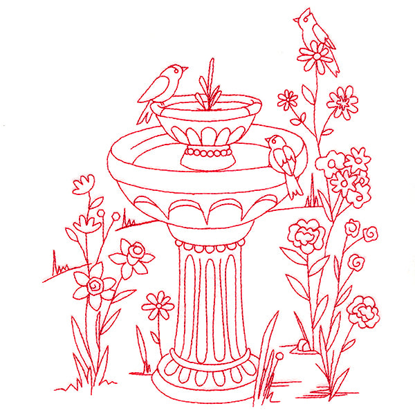 Classic Garden Scene - Bird Bath (Redwork)