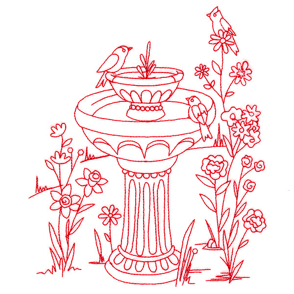 Classic Garden Scene - Bird Bath (Redwork)