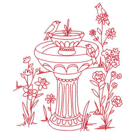 Classic Garden Scene - Bird Bath (Redwork)