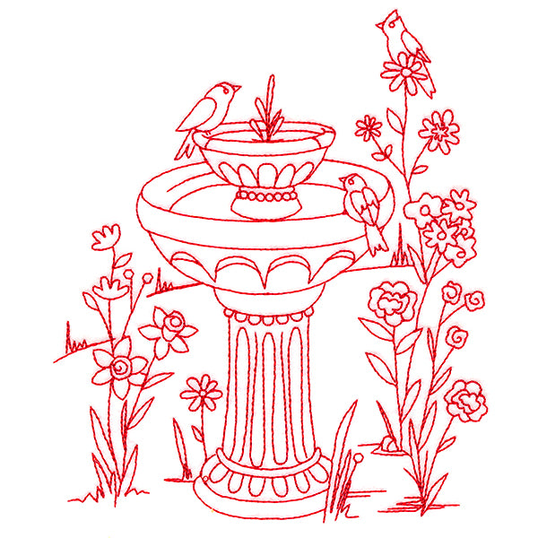Classic Garden Scene - Bird Bath (Redwork)
