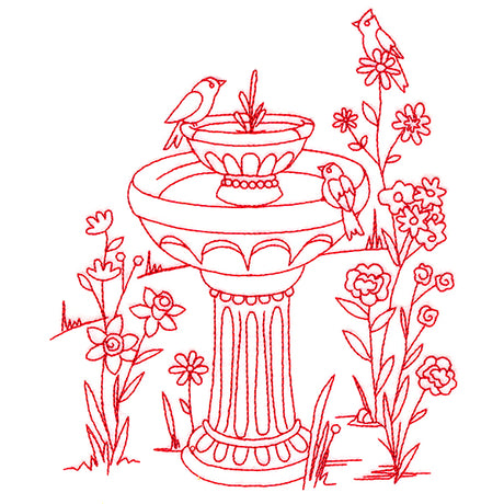 Classic Garden Scene - Bird Bath (Redwork)