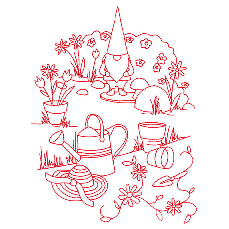 Classic Garden Scene - Gnome (Redwork)
