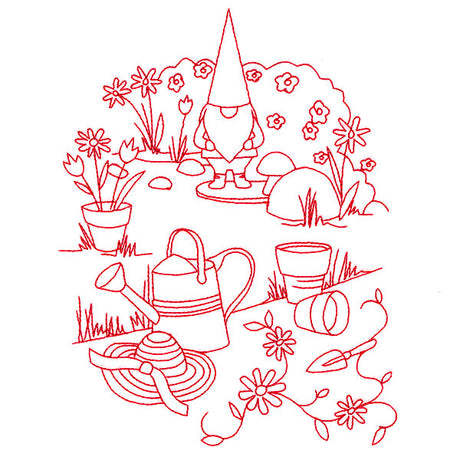 Classic Garden Scene - Gnome (Redwork)