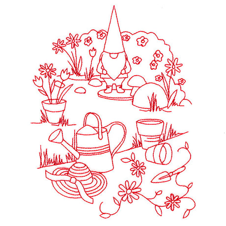 Classic Garden Scene - Gnome (Redwork)
