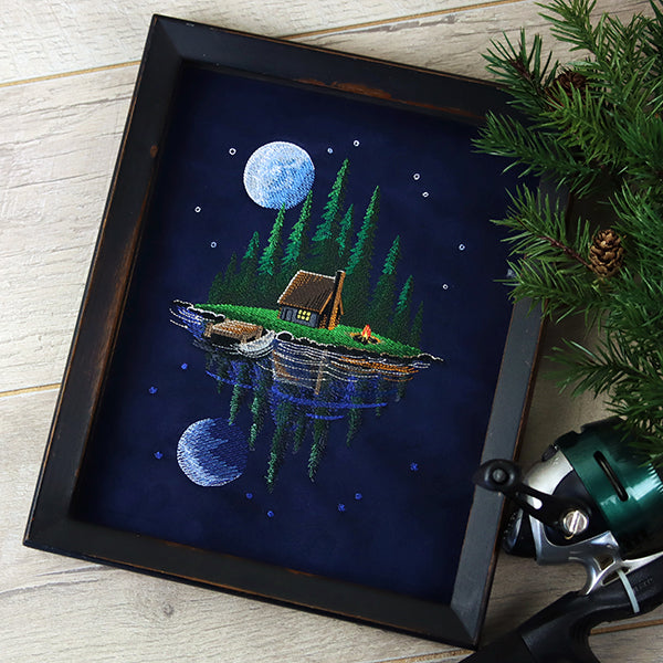 Moonlit Lakeside Cabin Scene