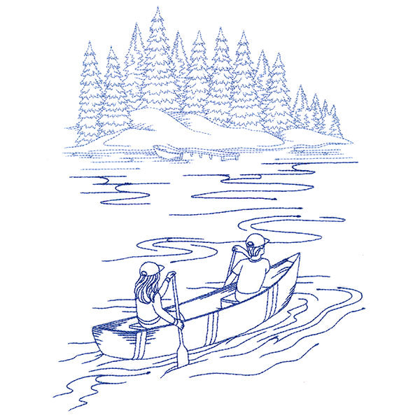 Classic Camping Scene - Canoeing (Bluework)