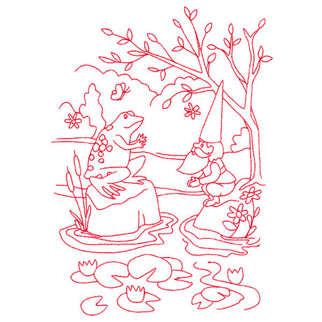 Magical Gnome Scene - At the Pond (Redwork)