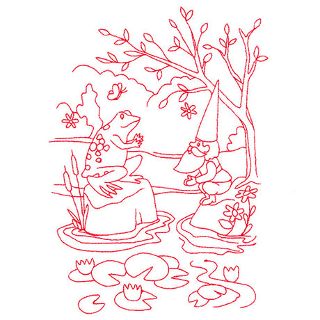 Magical Gnome Scene - At the Pond (Redwork)