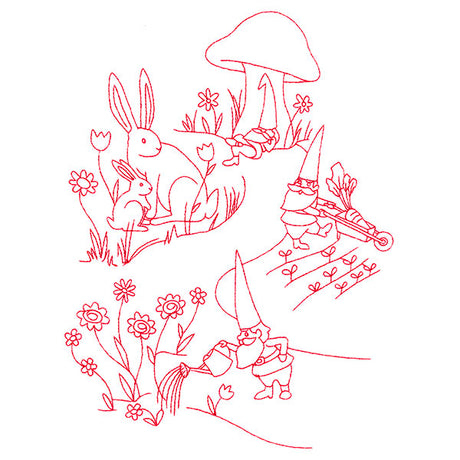 Magical Gnome Scene - In the Garden (Redwork)
