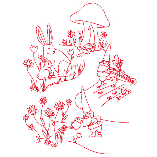 Magical Gnome Scene - In the Garden (Redwork)