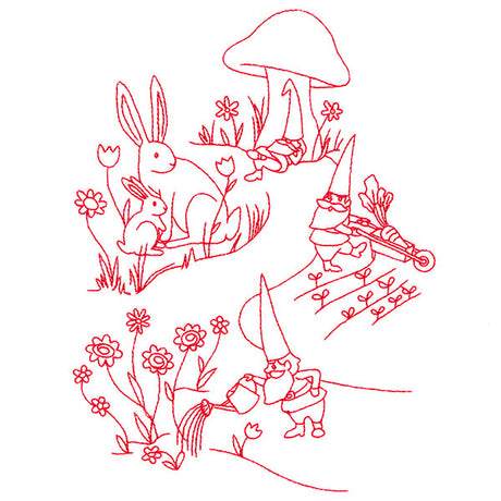 Magical Gnome Scene - In the Garden (Redwork)
