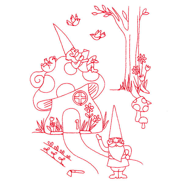 Magical Gnome Scene - Resting at Home (Redwork)