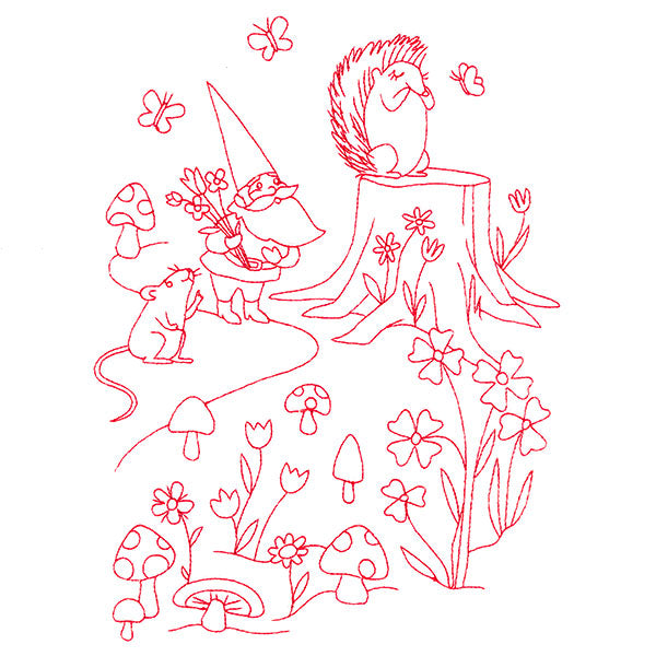 Magical Gnome Scene - Gathering with Friends (Redwork)