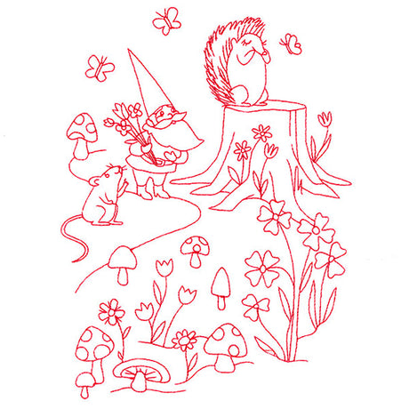 Magical Gnome Scene - Gathering with Friends (Redwork)