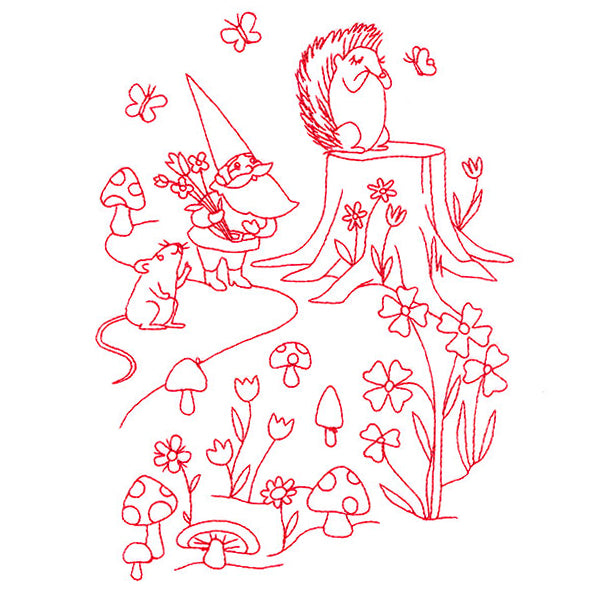 Magical Gnome Scene - Gathering with Friends (Redwork)