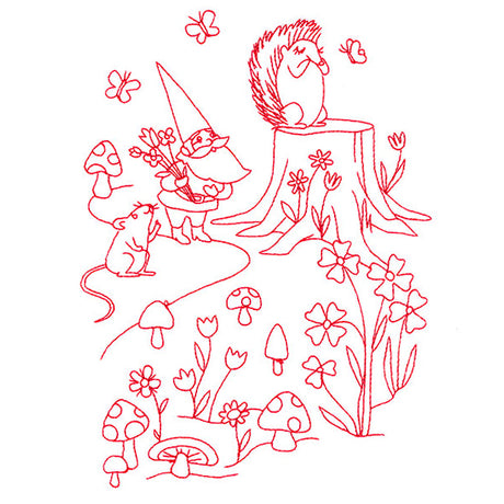 Magical Gnome Scene - Gathering with Friends (Redwork)