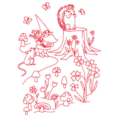 Magical Gnome Scene - Gathering with Friends (Redwork)