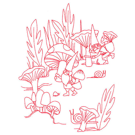 Magical Gnome Scene - Harvesting Mushrooms (Redwork)
