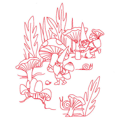 Magical Gnome Scene - Harvesting Mushrooms (Redwork)
