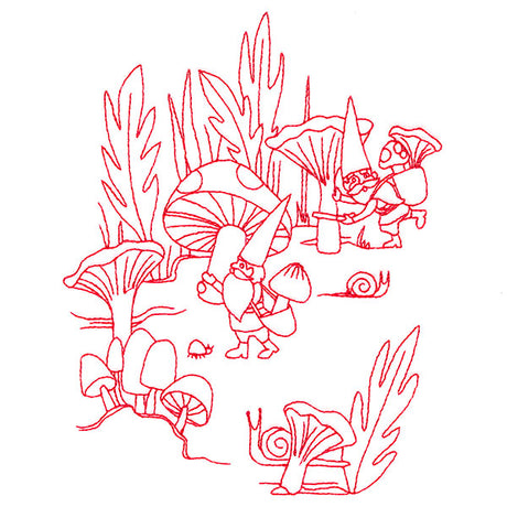 Magical Gnome Scene - Harvesting Mushrooms (Redwork)