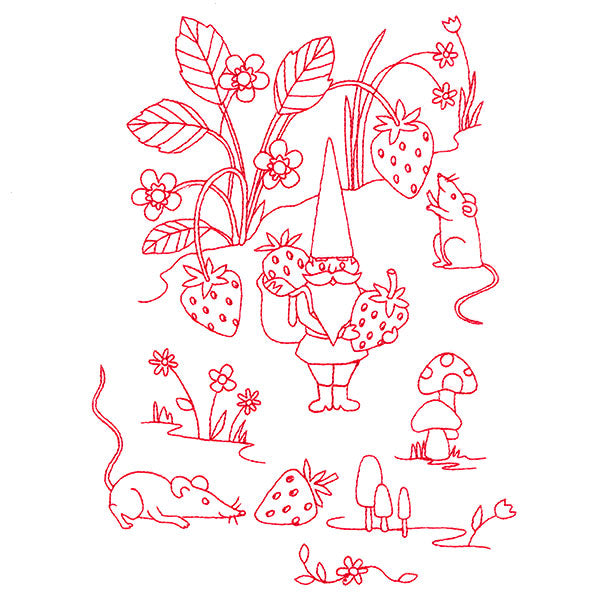 Magical Gnome Scene - Picking Strawberries (Redwork)