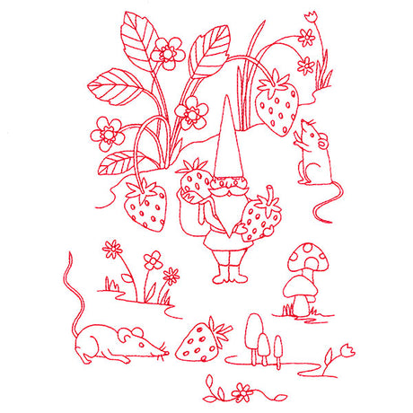 Magical Gnome Scene - Picking Strawberries (Redwork)