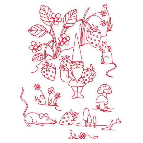 Magical Gnome Scene - Picking Strawberries (Redwork)