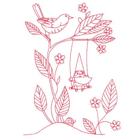 Magical Gnome Scene - Swinging (Redwork)