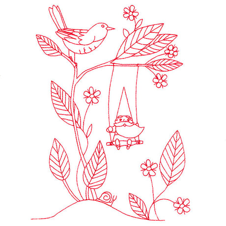 Magical Gnome Scene - Swinging (Redwork)