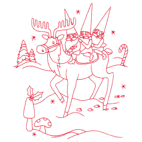 Gnome For The Holidays - Riding a Reindeer (Redwork)