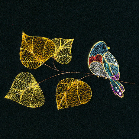 Autumn Treasures - Sparkling Bird and Birch Leaves