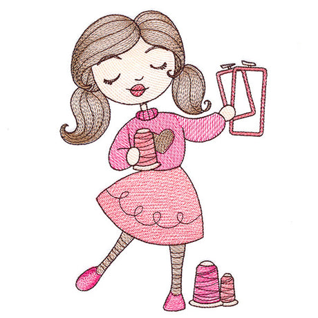 Sweet and Crafty Girl with Embroidery Hoops