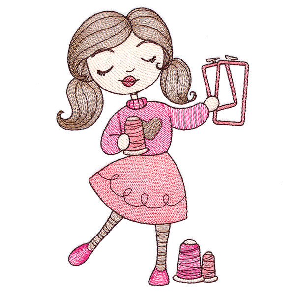Sweet and Crafty Girl with Embroidery Hoops