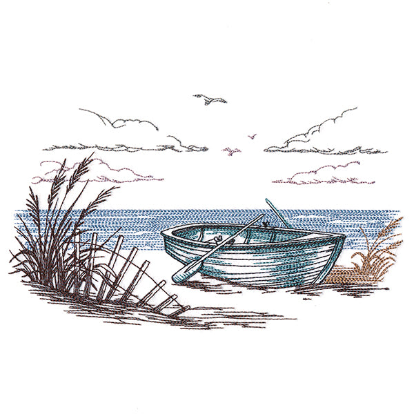 Coastal Row Boat Scene