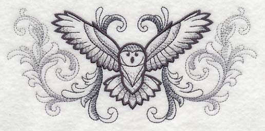 Flying Owl with Baroque Background