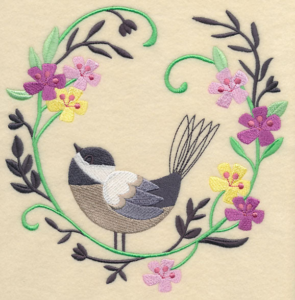 Happy Chickadee in Flowers
