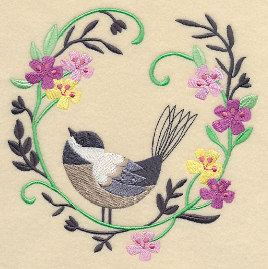 Happy Chickadee in Flowers