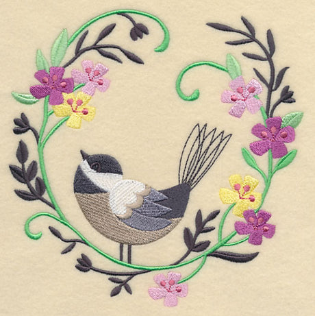 Happy Chickadee in Flowers