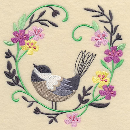 Happy Chickadee in Flowers