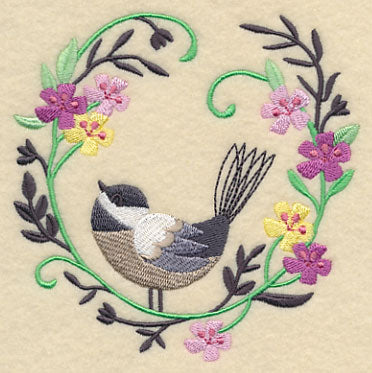 Happy Chickadee in Flowers