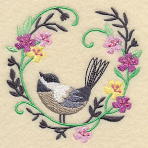 Happy Chickadee in Flowers