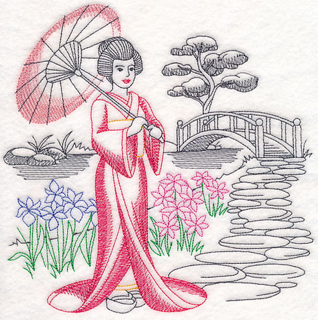 Asian Etching - Geisha and Bridge