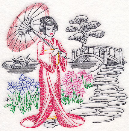 Asian Etching - Geisha and Bridge