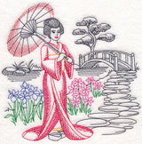 Asian Etching - Geisha and Bridge