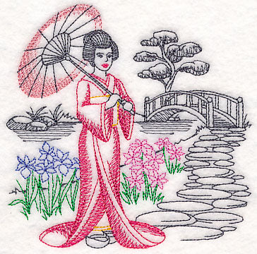 Asian Etching - Geisha and Bridge