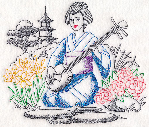 Asian Etching - Geisha and Shamisen